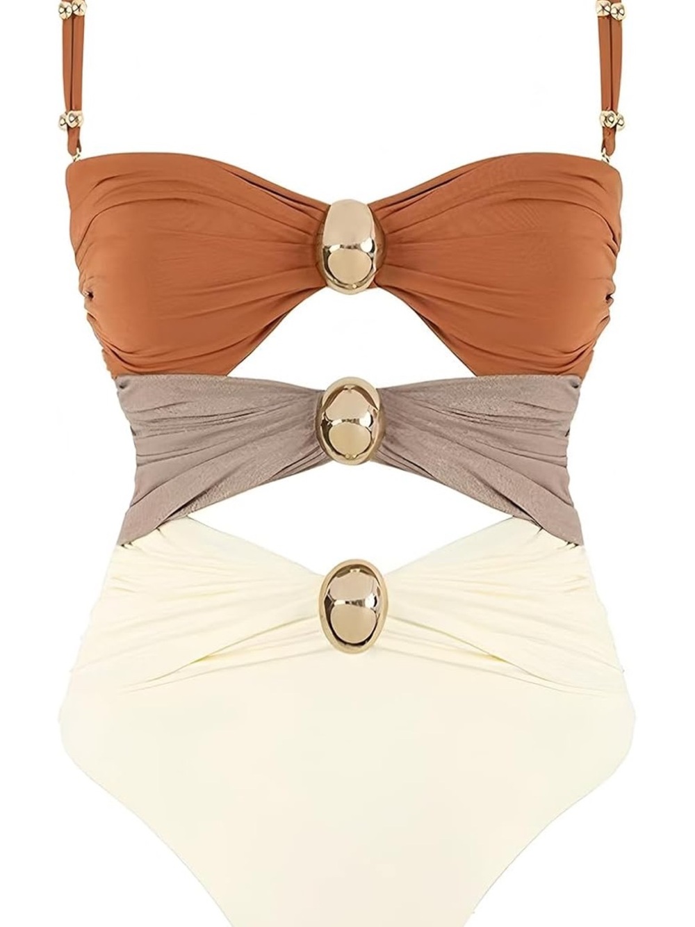 Colorblock One-Piece Swimsuit with Gold Ring Accents - Rust, Taupe & Cream